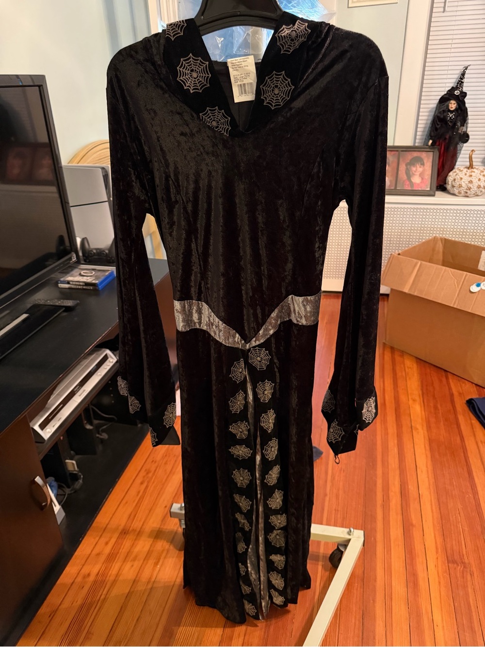 Source Unknown Black Velvet Long-Sleeve Maxi Dress with Silver Spiderweb Trim